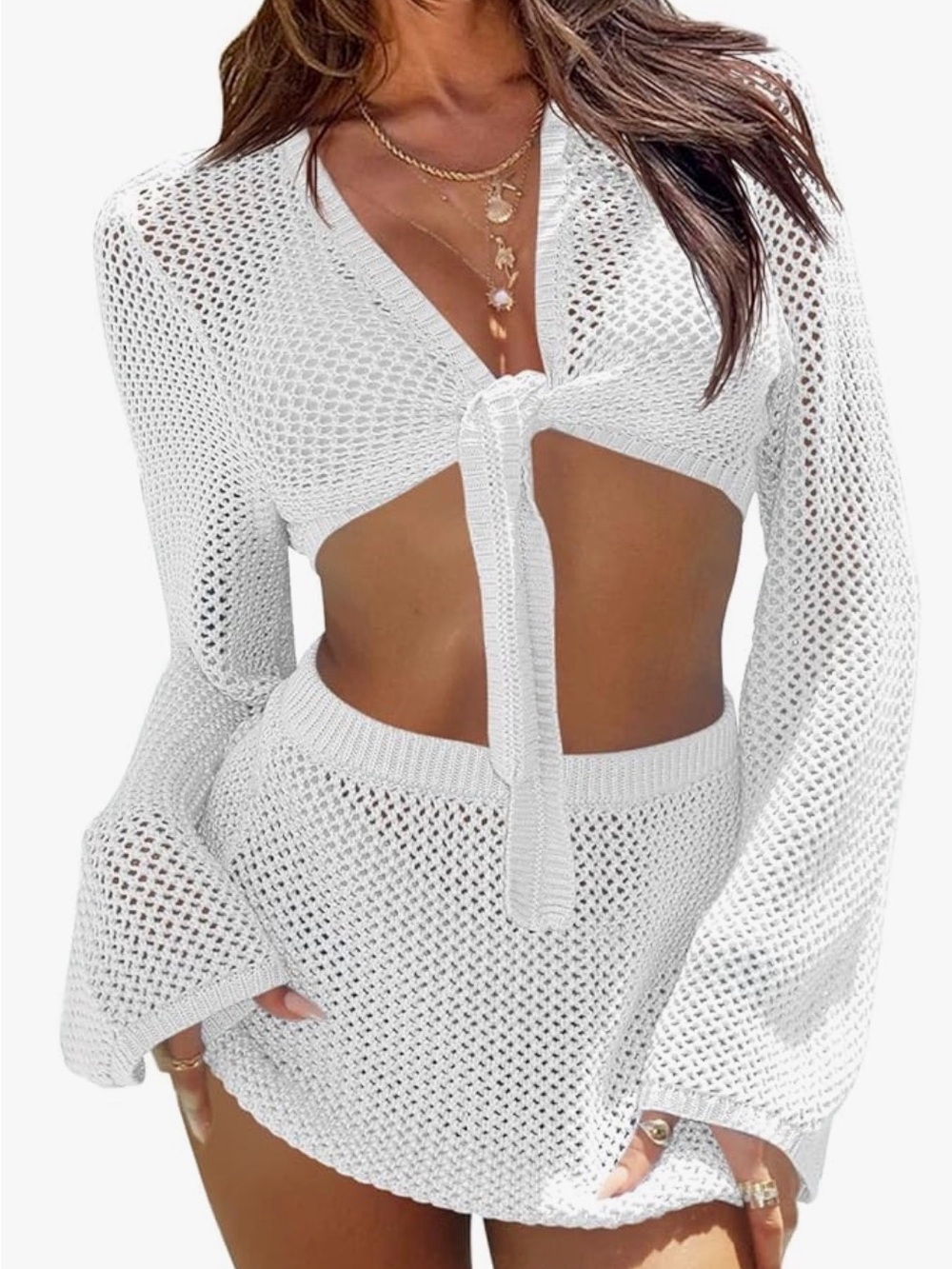 Fisoew White Crochet Swim Cover-Up Set - Tie Front Top & Skirt
